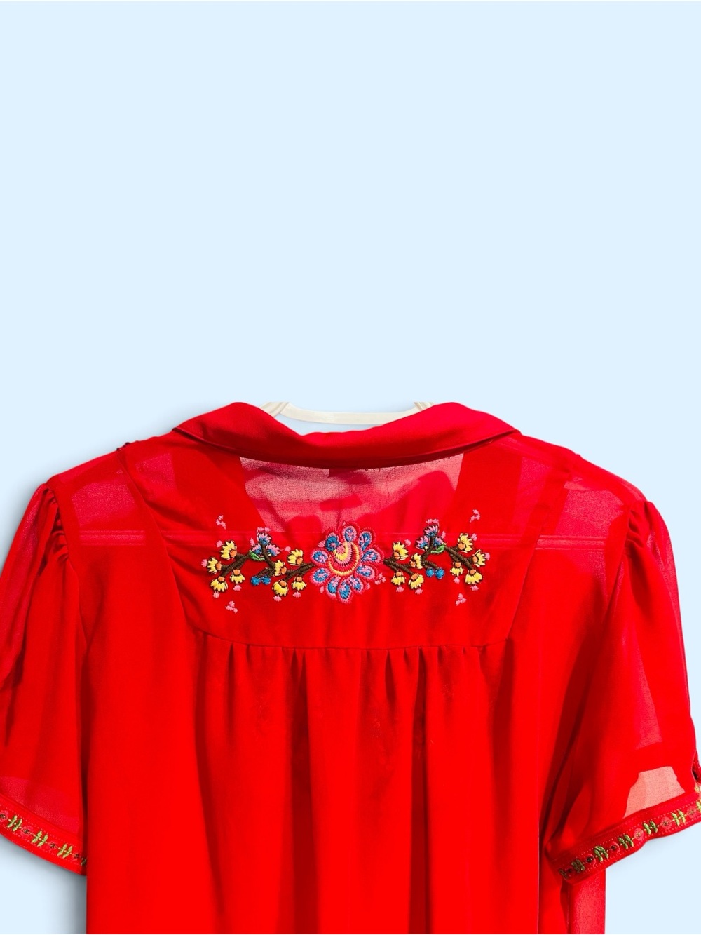 Embroidered Red Short-Sleeve Button-Front Blouse - Picture 6 of 6